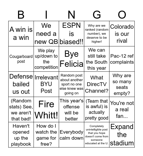 UteNation Weekly Bingo Card