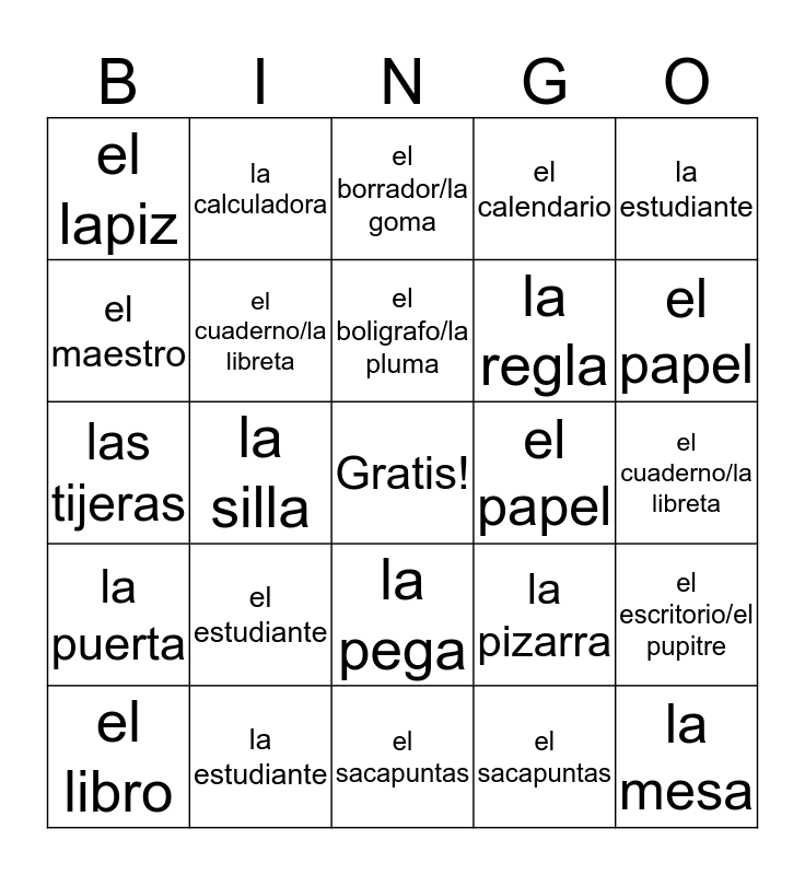 Spanish Classroom Objects Bingo Card