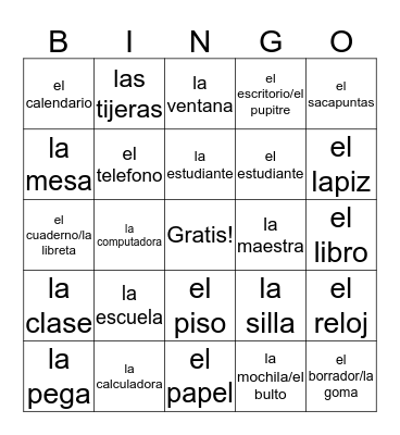 Spanish Classroom Objects Bingo Card