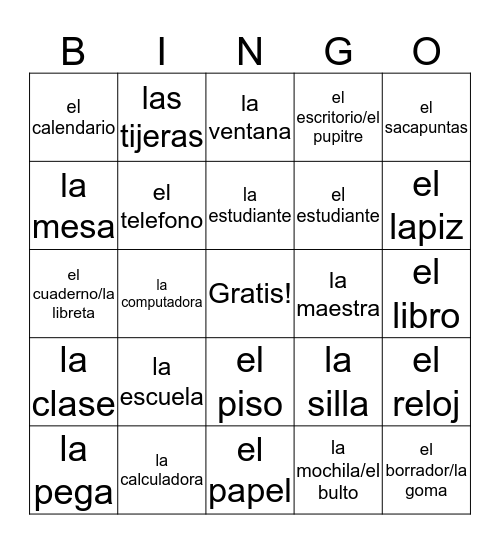 Spanish Classroom Objects Bingo Card