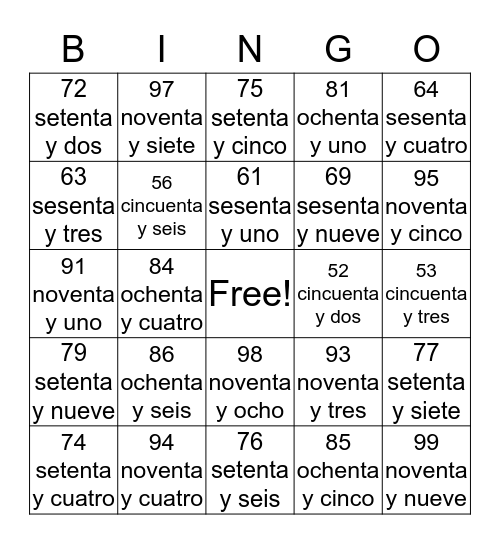 Spanish Bingo Card