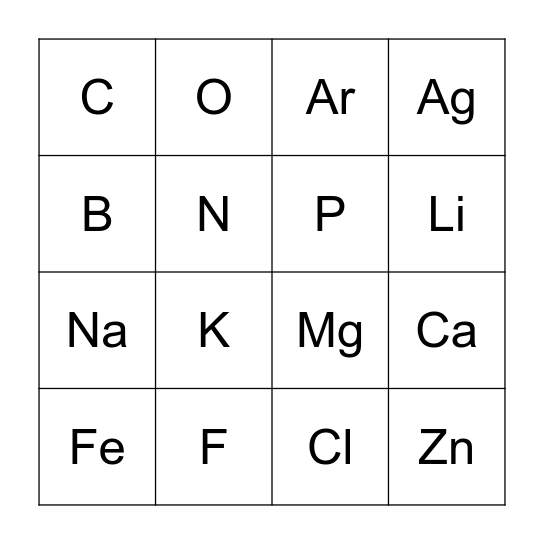 Periodic Table Bingo Card