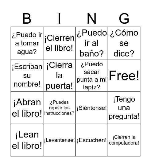 Las preguntas / Los mandatos Bingo Card