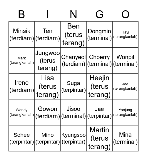 Bingo with MW. Bingo Card