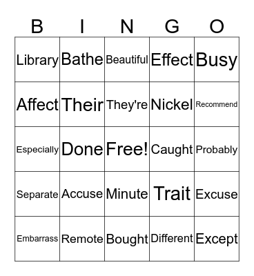 5/6 Spelling Bingo Card