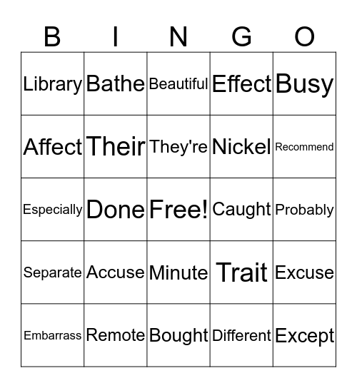 5/6 Spelling Bingo Card