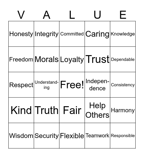 VALUE BINGO Card