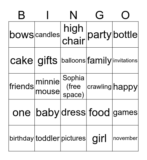 1st Birthday Bingo Card