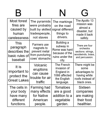Main Idea Bingo Card