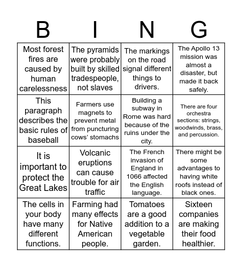 Main Idea Bingo Card