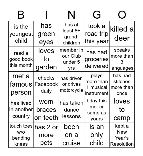 Getting to Know You Bingo Card