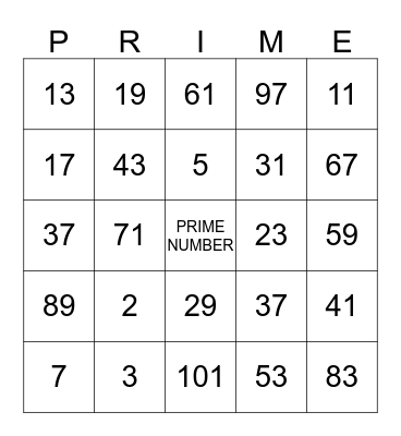 PRIME NUMBER BINGO Card