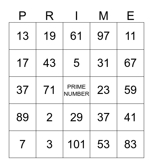 PRIME NUMBER BINGO Card