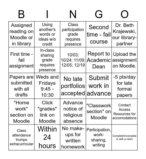 WTG101E Syllabus Bingo! Bingo Card