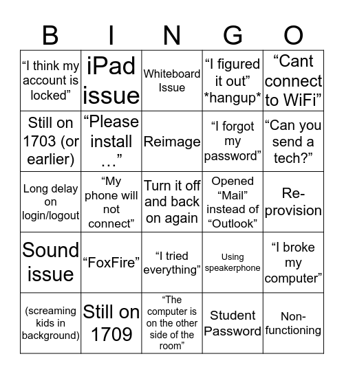 HelpDesk Bingo Card