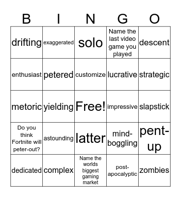 Fortnite Article Vocabulary Bingo Card