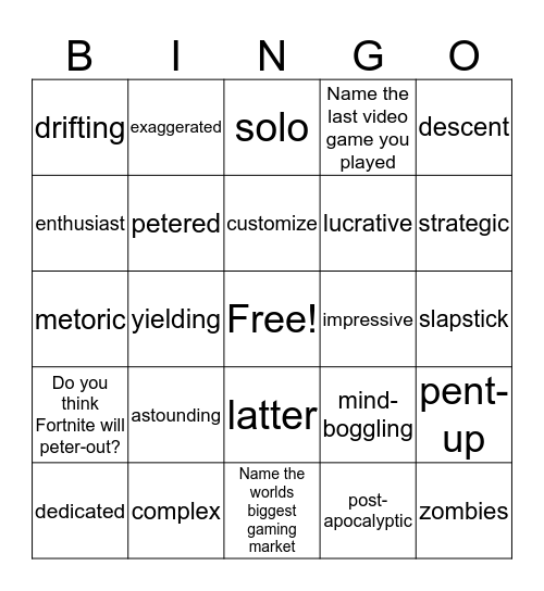 Fortnite Article Vocabulary Bingo Card