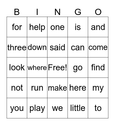 Sight Words Bingo Card