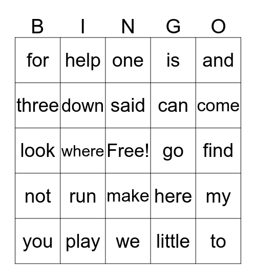 Sight Words Bingo Card