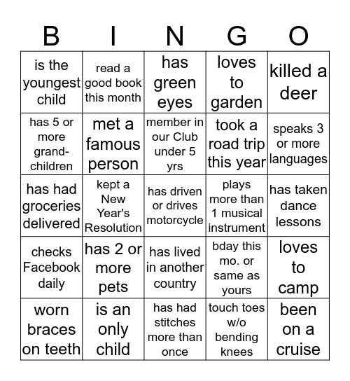 Getting to Know You Bingo Card