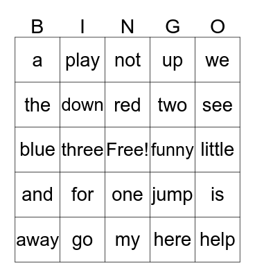 Sight Words Bingo Card