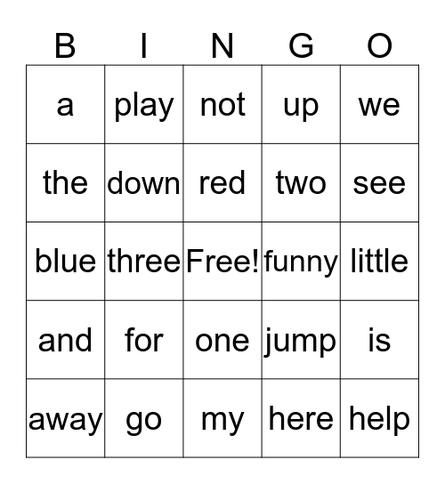 Sight Words Bingo Card