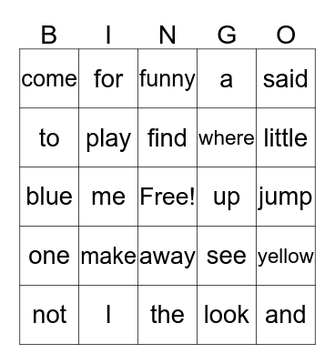 Sight Words Bingo Card