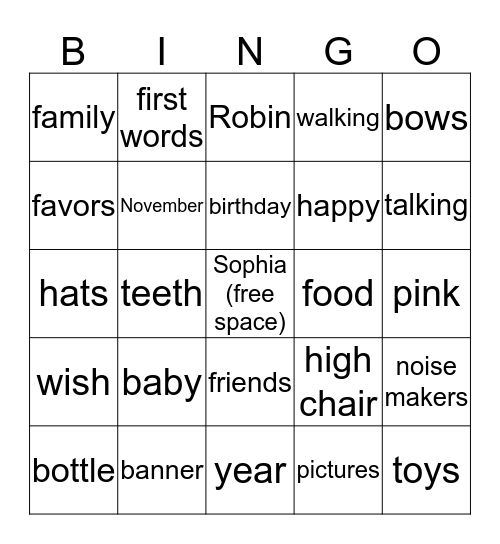 1st Birthday Bingo Card