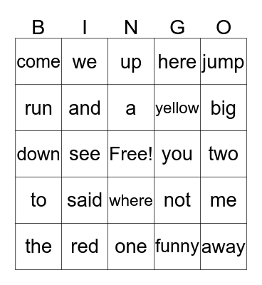 Sight Words Bingo Card