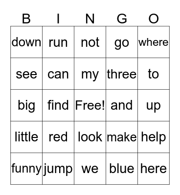 Sight Words Bingo Card