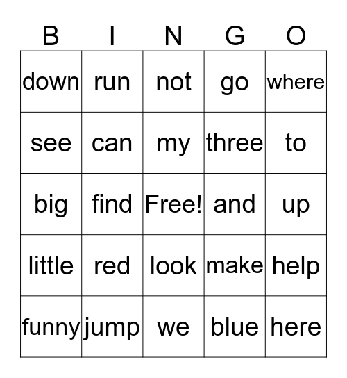 Sight Words Bingo Card