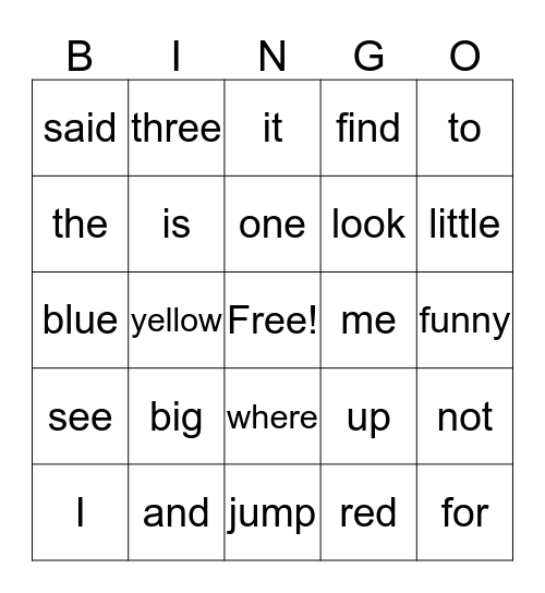 Sight Words Bingo Card