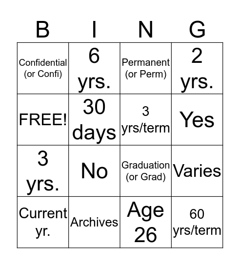 Record Retention Bingo! Bingo Card