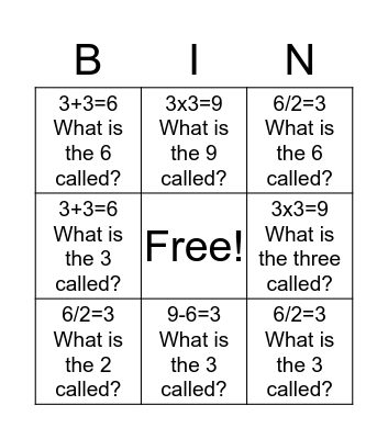 Math Vocabulary Bingo Card