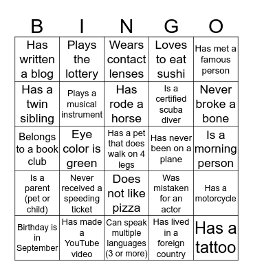 Autograph Game Bingo Card