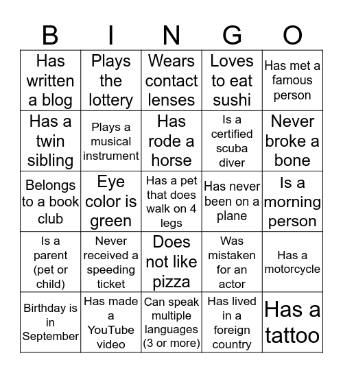 Autograph Game Bingo Card
