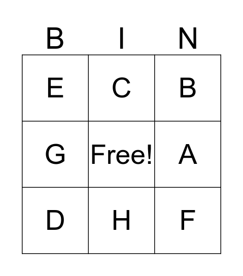 UC Alphabet A to H Bingo Card