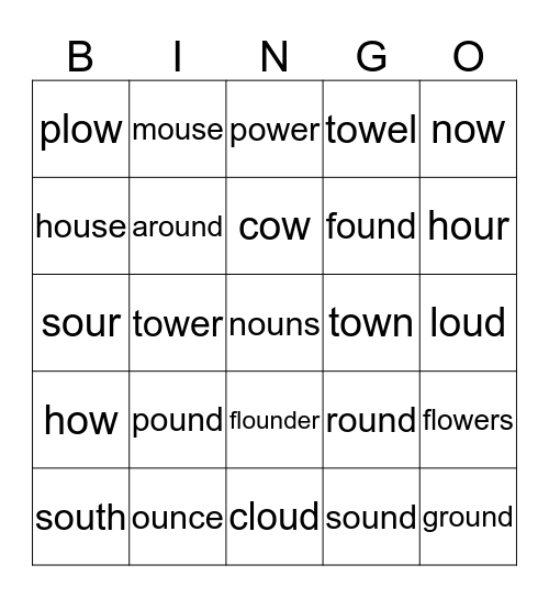 Diphthongs ou/ow Bingo Card