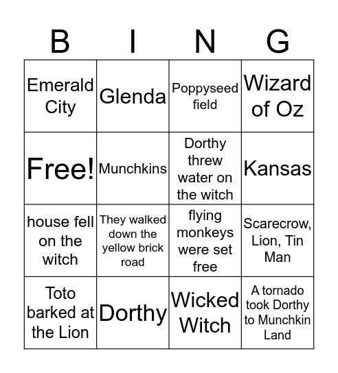 Wizard of Oz Bingo Card
