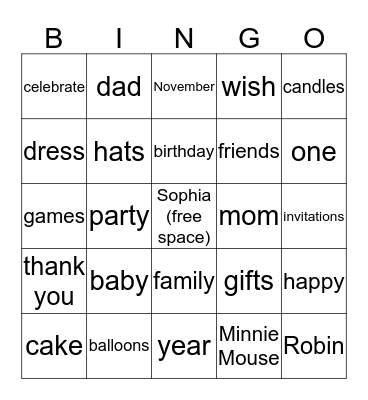1st Birthday Bingo Card