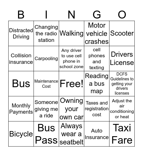 Transportation Bingo Card