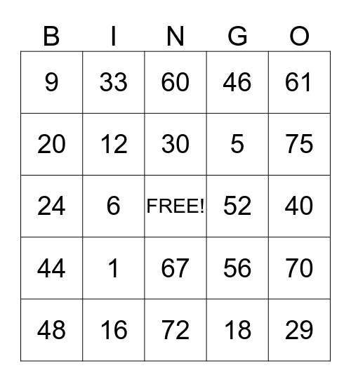 Family Night Bingo Card