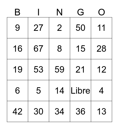 French Numbers Bingo Card