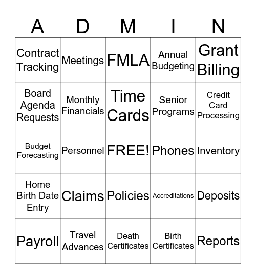 Administration Division Bingo Card