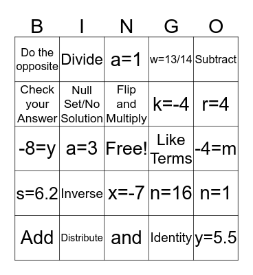 Pre-Algebra Bingo Card