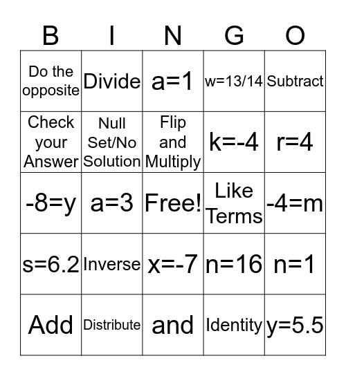 Pre-Algebra Bingo Card