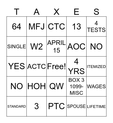 TAX BINGO Card