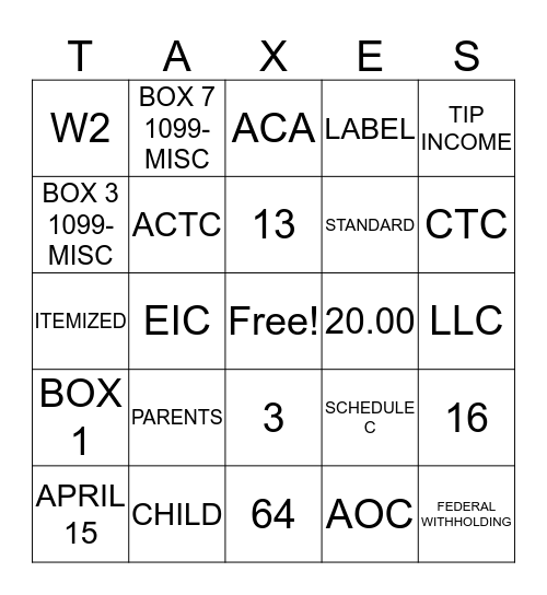 TAX BINGO Card