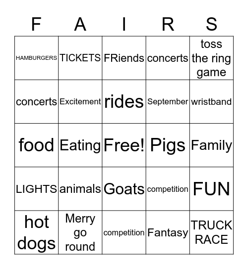 York Fair Bingo Card
