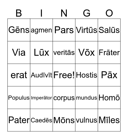 Latin Bingo Lesson 3 Bingo Card